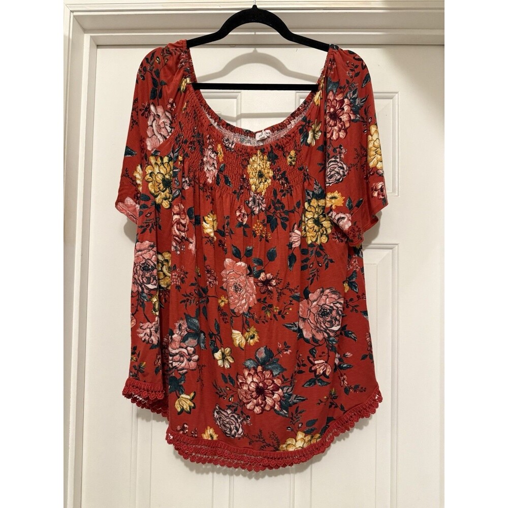 Eyeshadow Womens Red Boho Top 2x Feminine Floral Casual Bloomcore Cottagecore